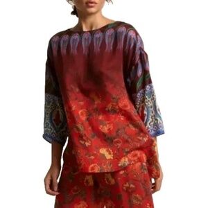 Warm NY Barneys Multi color Floral Bateau Neckline Blouse Sz 0 Fall Boho Paisley